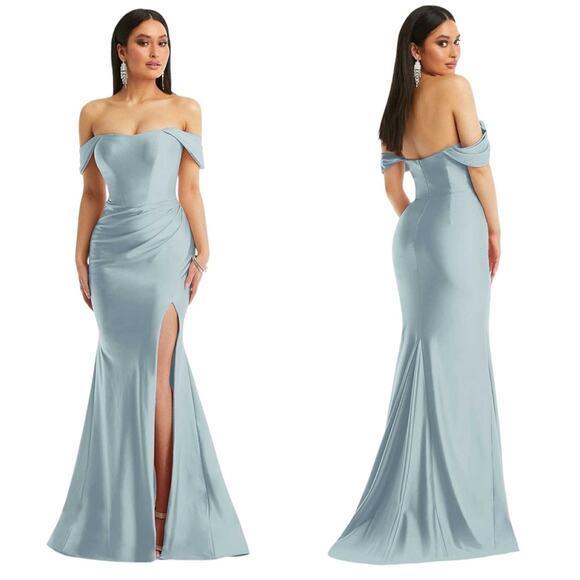 CYNTHIA & SAHAR Scarlet Corset Stretch Satin Mermaid Dress in Mist - Picture 1 of 9